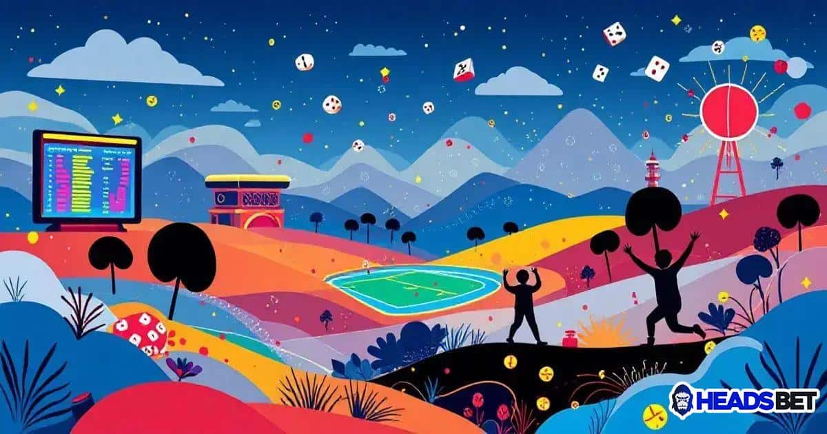 Qual Valor Mínimo das Apostas na Headsbet Ilustração colorida de uma paisagem noturna com colinas e montanhas ao fundo. No centro, há um campo de futebol iluminado com dois jogadores ao lado comemorando, cercados por árvores. À esquerda, um grande painel eletrônico exibe dados e pontuações, com um estádio ao fundo. À direita, há uma estrutura parecida com uma torre de água vermelha. O céu estrelado está cheio de ícones de dados, cartas e fichas de pôquer flutuando no ar. No canto inferior direito, aparece a logo 'HEADSBET'. A cena transmite uma atmosfera vibrante e festiva.