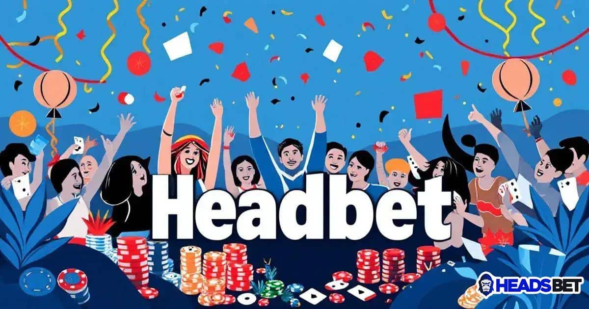 Ilustração colorida de um grupo de pessoas celebrando em um ambiente festivo, com balões, confetes e cartas de baralho voando no ar. No centro da imagem, destaca-se o grande texto 'Headbet' em branco. À frente, há várias pilhas de fichas de cassino em diferentes cores, além de cartas de baralho espalhadas, sugerindo um cenário de jogos de apostas. As pessoas ao redor levantam as mãos com entusiasmo, sorrindo e participando da festa. No topo, serpentinas e balões flutuam, reforçando o clima alegre. No canto inferior direito, aparece a logo da marca 'HeadsBet'.