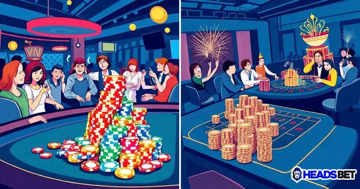 Ilustração de um ambiente de cassino dividido em duas cenas. À esquerda, um grupo de pessoas ao redor de uma mesa de pôquer, todos sorrindo e interagindo, com uma grande pilha de fichas coloridas no centro da mesa. Há luzes suspensas e um ambiente animado, sugerindo uma atmosfera de vitória. À direita, outra mesa de jogo com pessoas ao redor, onde grandes pilhas de moedas douradas ocupam o centro. Ao fundo, fogos de artifício estão sendo lançados, comemorando vitórias. A cena transmite um clima de festa, com pessoas felizes e celebrando. A logo 'HEADSBET' está no canto inferior direito.
