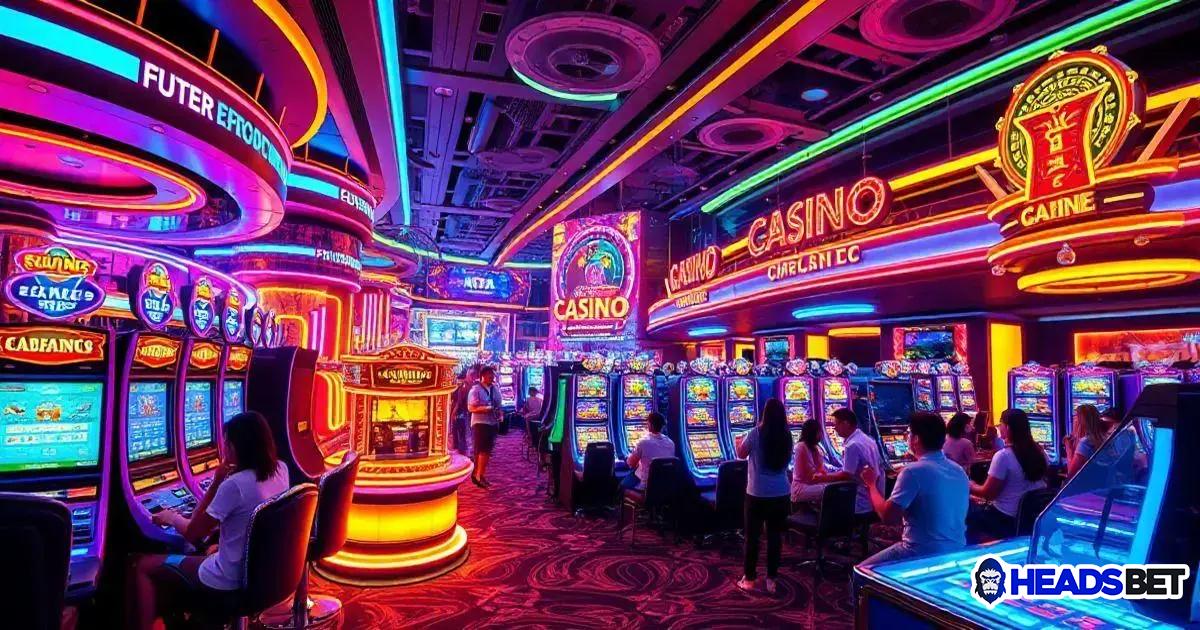 A imagem mostra o interior vibrante de um cassino, repleto de luzes neon coloridas em tons de roxo, azul, vermelho e amarelo, criando um ambiente animado e futurista. Várias fileiras de máquinas caça-níqueis estão espalhadas pelo salão, com pessoas sentadas em cadeiras acolchoadas, jogando nos terminais. As máquinas exibem gráficos e números em suas telas, e algumas estão envolvidas por molduras brilhantes de neon. No topo, letreiros iluminados em neon com palavras como 'CASINO', 'GAINE' e 'FUTER EPOCOD' estão espalhados por todo o teto decorado com anéis de luz, reforçando o tema glamoroso. Ao fundo, um painel central exibe mais detalhes luminosos, reforçando o ambiente temático de apostas e entretenimento. O piso é coberto por um carpete vermelho com desenhos geométricos, e há um quiosque circular de jogo no centro com uma iluminação dourada e a logo da 'Headsbet' aparece no canto inferior direito da imagem.