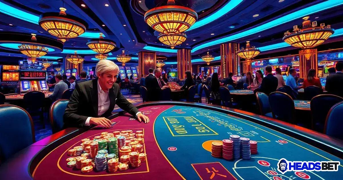 Salão de cassino luxuoso com mesas de jogos e pessoas jogando. Em destaque, um homem de cabelos grisalhos, vestindo um terno escuro, está posicionado em uma mesa de pôquer com uma grande quantidade de fichas empilhadas à sua frente. Ao fundo, vários outros jogadores estão concentrados em diferentes mesas, enquanto as luzes azuis e douradas do teto, junto com grandes lustres decorativos, criam uma atmosfera sofisticada. Caça-níqueis iluminados podem ser vistos à esquerda, e o logo da 'Headsbet' aparece no canto inferior direito da imagem. quem é o dono do cassino da headsbet