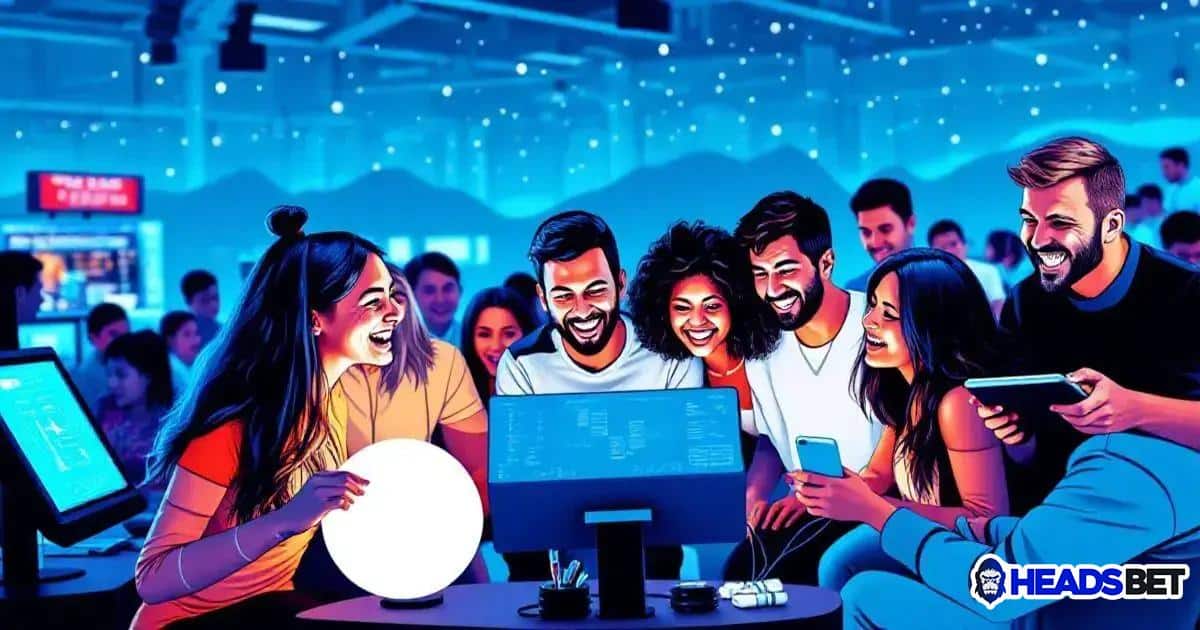 Grupo de seis jovens sorrindo, reunidos em torno de uma mesa com várias telas e dispositivos, provavelmente apostando ou jogando online. Uma mulher à esquerda segura uma bola luminosa, iluminando seus rostos. Todos parecem estar curtindo o momento, olhando com entusiasmo para uma das telas. Ao fundo, várias outras pessoas estão presentes em um ambiente com luzes azuis e um clima vibrante. À direita, um jovem segura um tablet, enquanto a logo da 'Headsbet' aparece no canto inferior direito da imagem.
